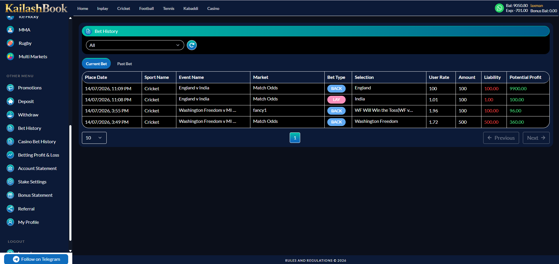 Bet history current bets