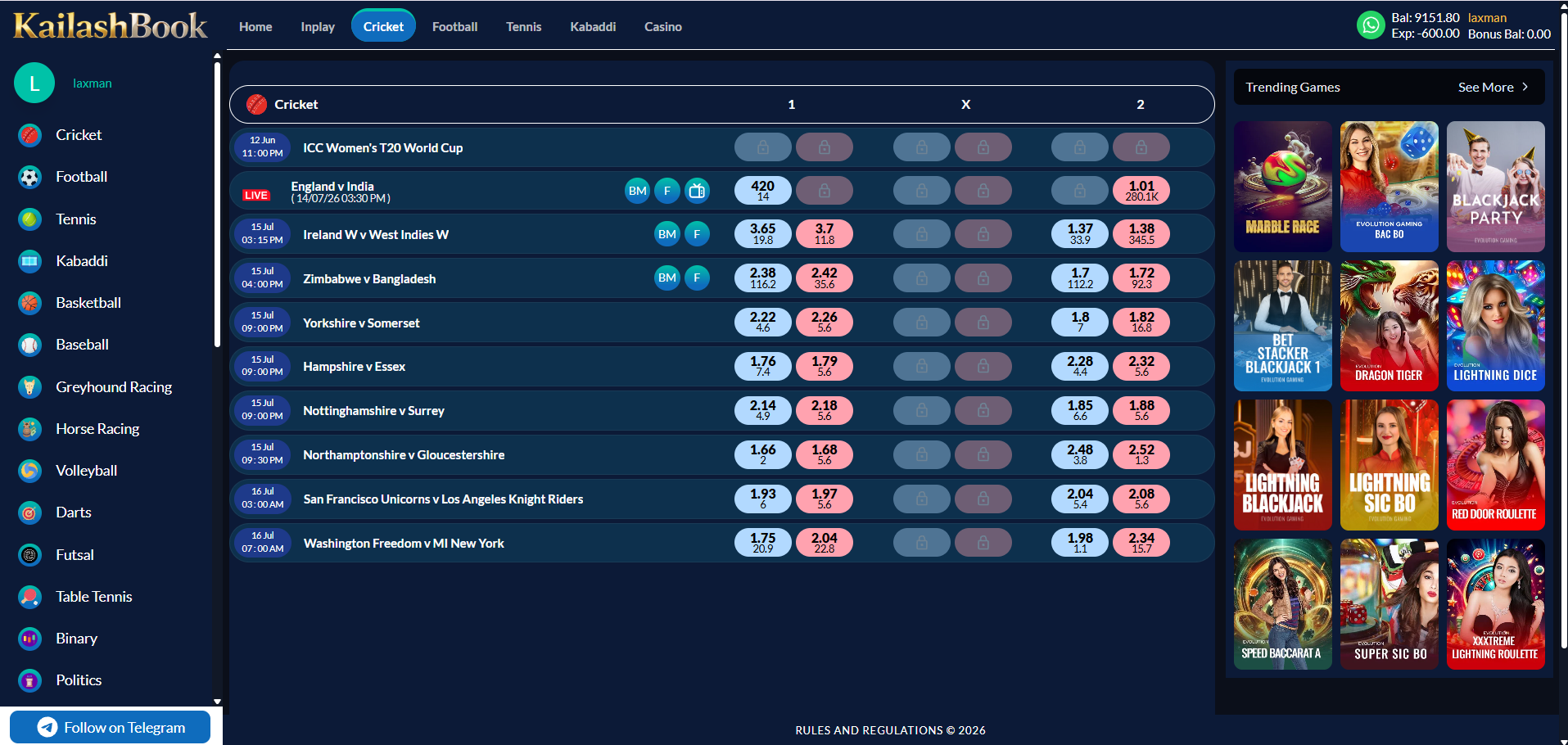 Cricket listing page
