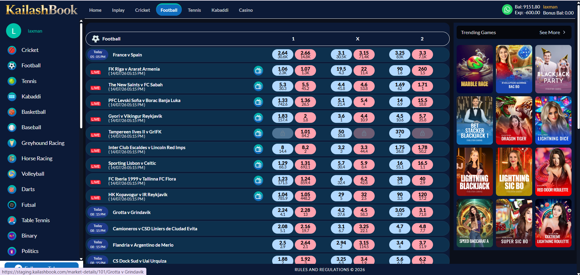 Football listing page