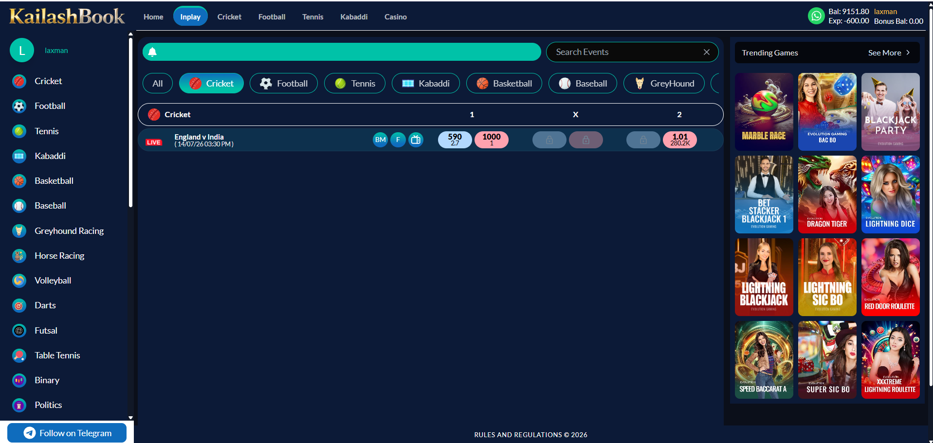 In-Play filtered to Cricket