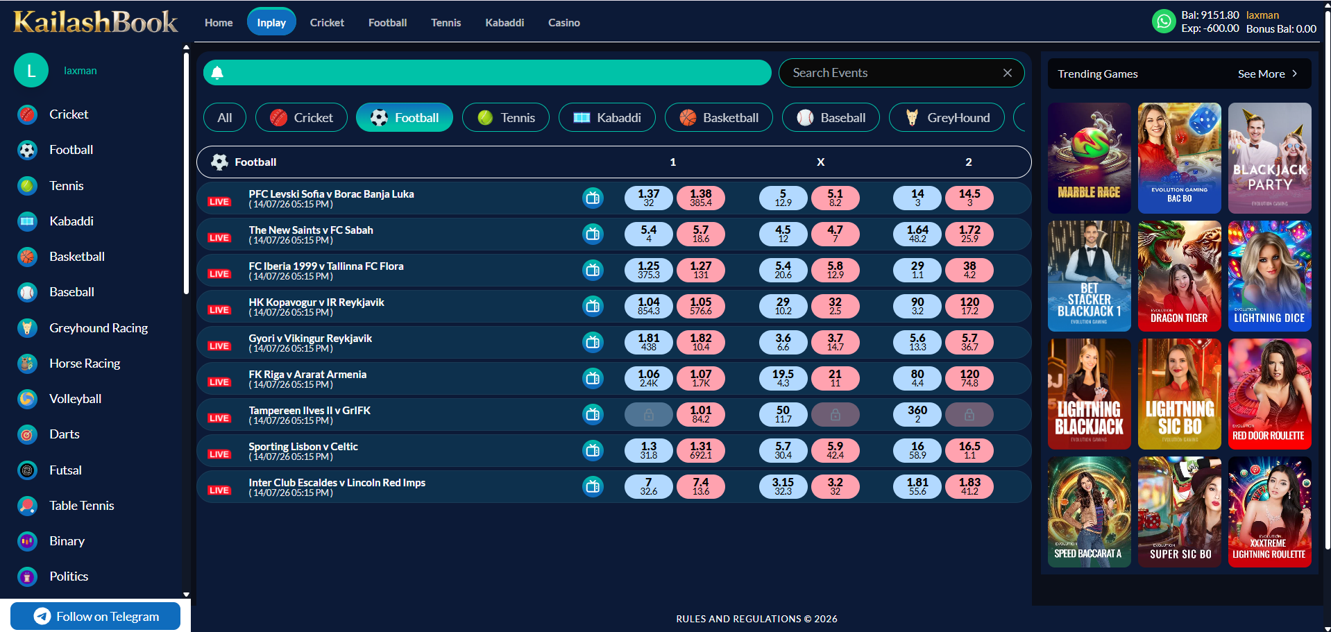 In-Play filtered to Football