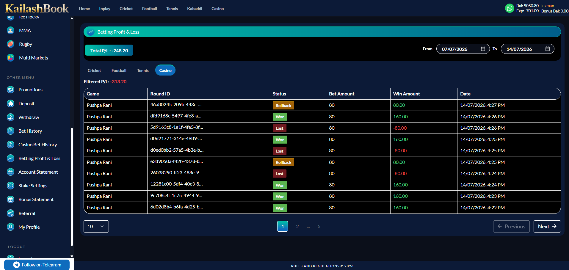 Betting P&L Casino tab