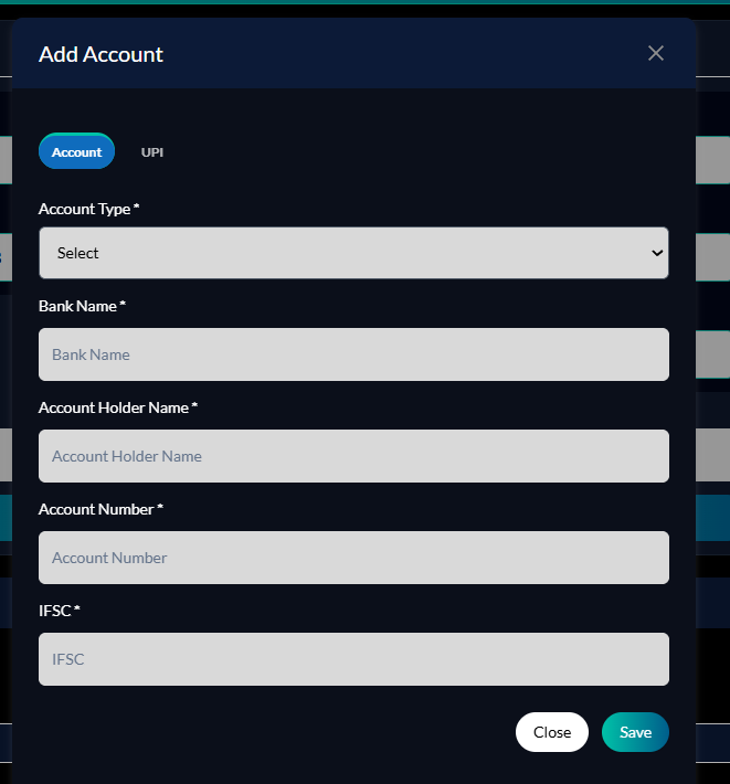 Add Account modal — bank tab