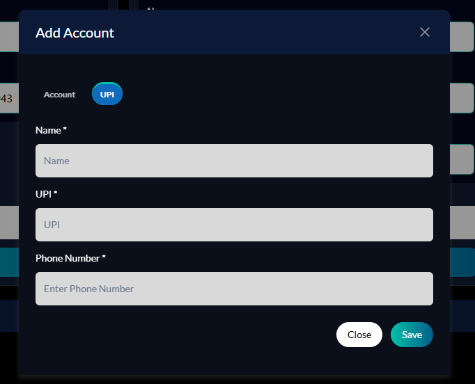 Add Account modal — UPI tab